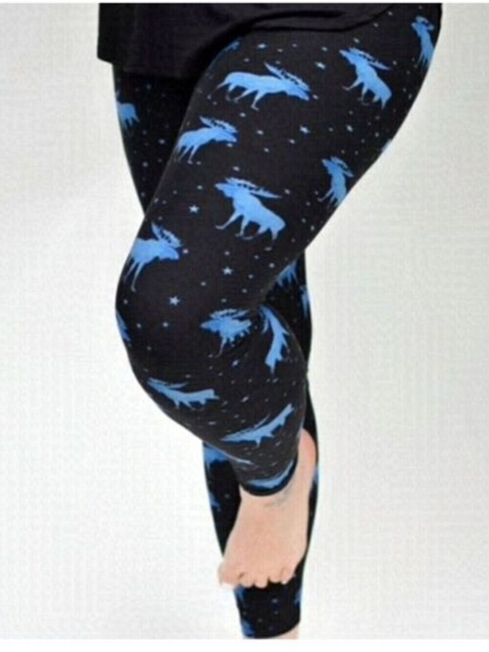 LEGGINGS DEPOT Black & Blue Moose Print Full length Leggings Size 12 NWT